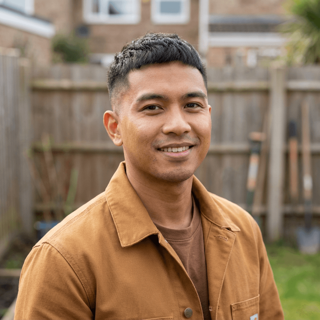 Male homeowner in his early 40s, White, straight-forward and content expression appropriate for residential service