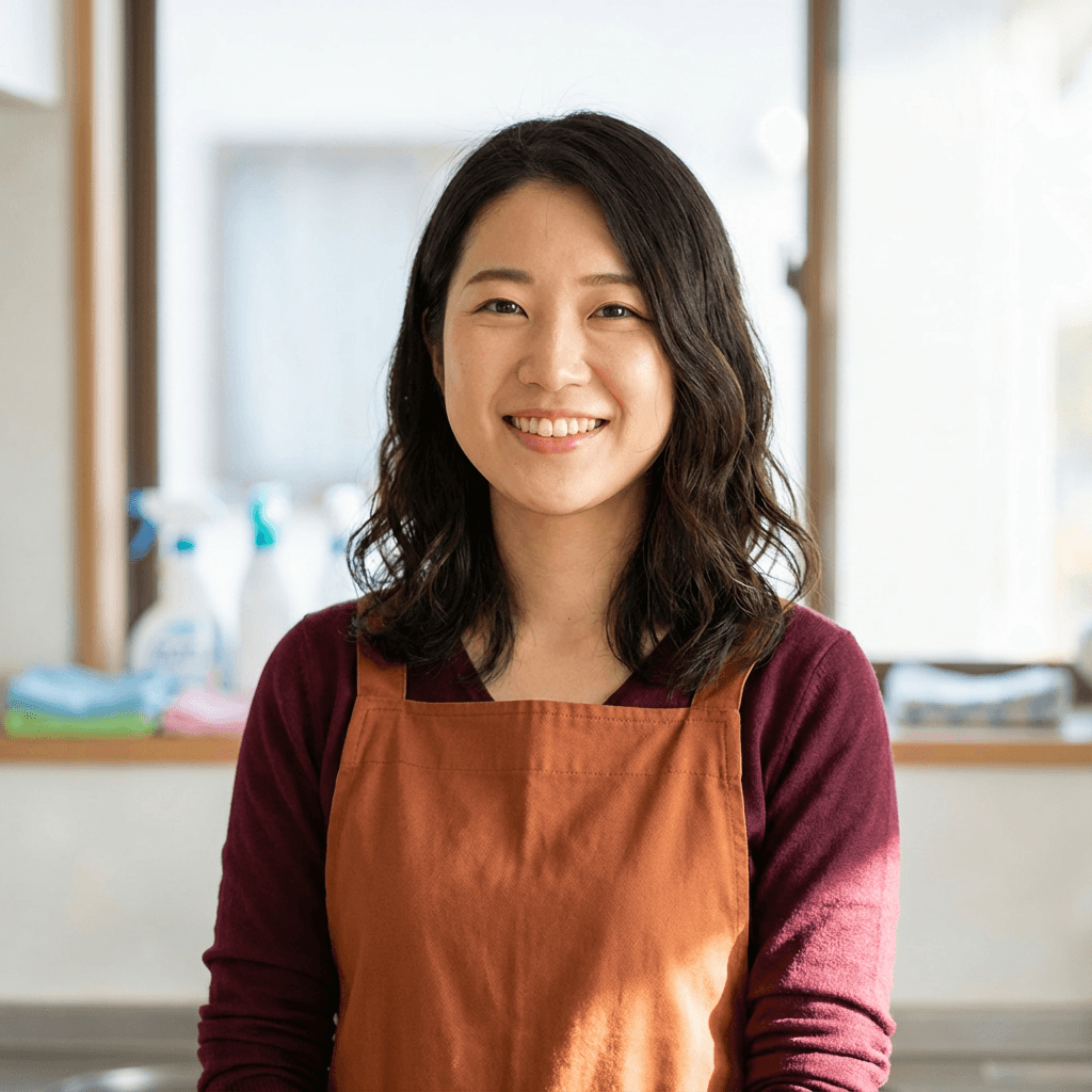 Smiling female cleaner holding supplies in a bright home