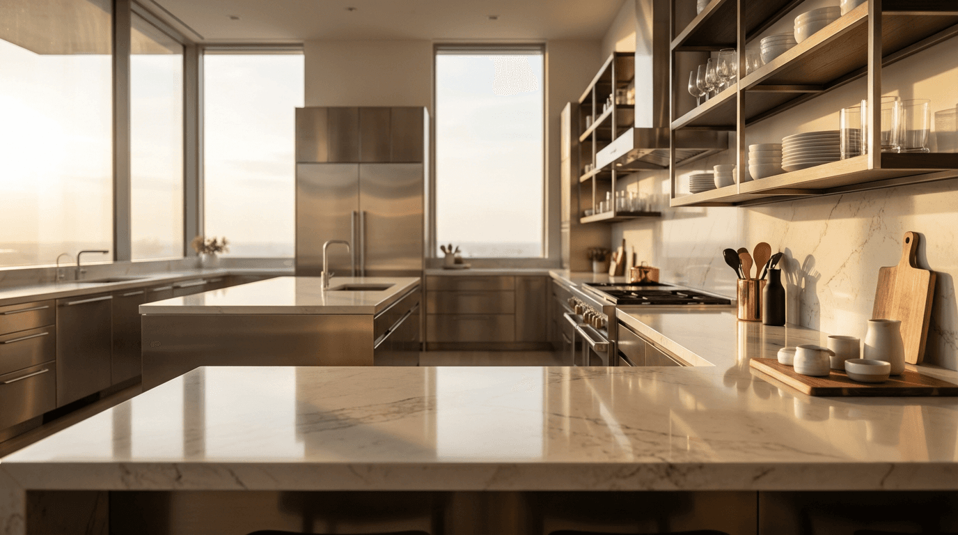 Clean modern kitchen with spotless stainless steel appliances