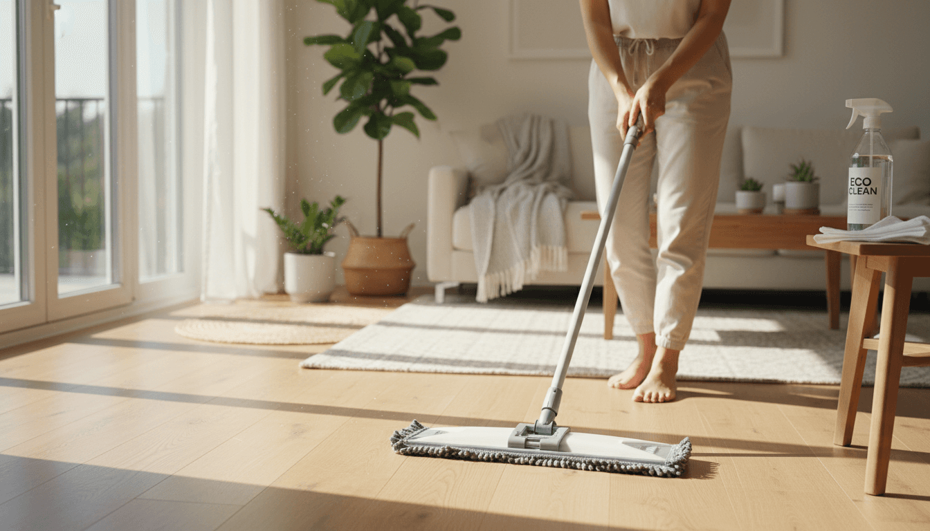 Person mopping a hardwood floor in a bright home interior